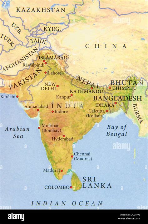 Geographic map of Pakistan, India, Nepal, Bangladesh and Bhutan with important cities Stock ...