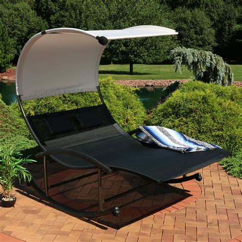 Sunnydaze Outdoor Double Chaise Rocking Lounge Chair with Canopy Shade and Headrest Pillows ...