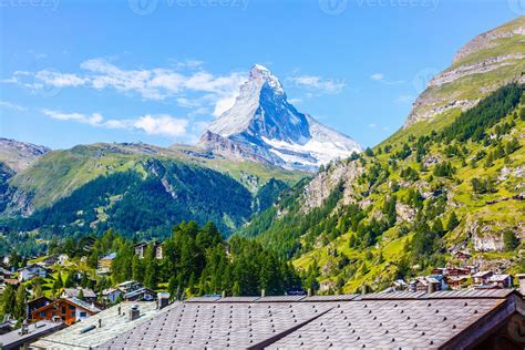 Sunny summer morning in Zermatt village with Matterhorn peak on ...