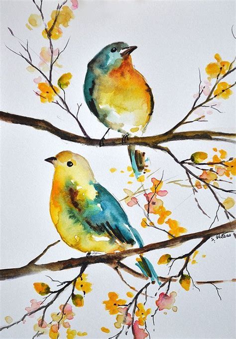 ORIGINAL Watercolor Bird Painting, Colorful Aqua Blue Yellow Birds 6x8 ...