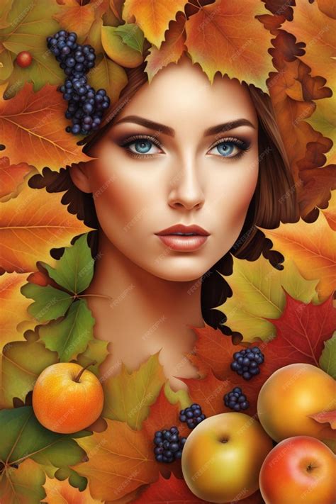 Premium AI Image | portrait of a woman surrounded by fall leaves vegetation and fruits autumnal ...
