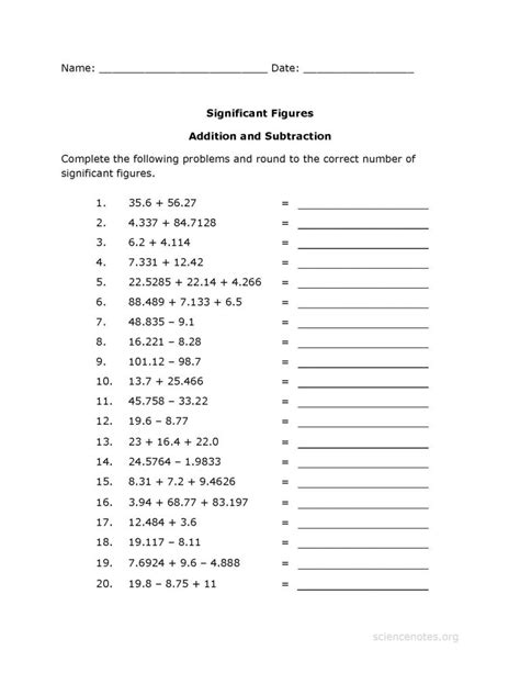 Significant Figures Worksheet PDF - Addition Practice