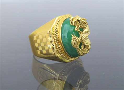 Vintage 18K Solid Yellow Gold Green Jadeite Jade Dragon Men's Ring Size ...