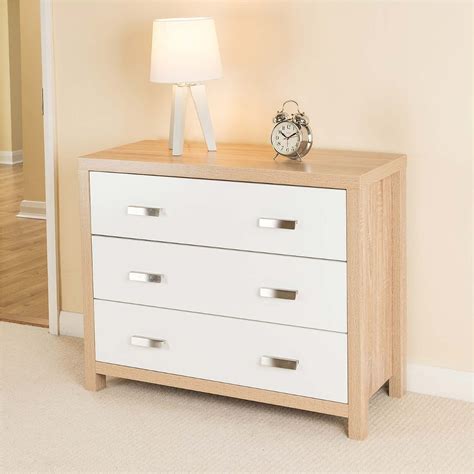 Bianco Oak Effect White Wood 3 Drawer Chest of Drawers Modern Bedroom ...