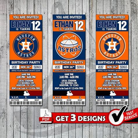 Baseball Houston Astros Printable Invitation Tickets by PDFBay | Ticket invitation design ...