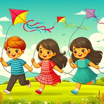 Kids Playing Kites In The Sky Background, Children Book Illustration, Kites, Kids Background ...