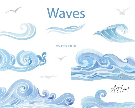 Watercolor Waves Clipart Hand Painted Watercolour Digital - Etsy