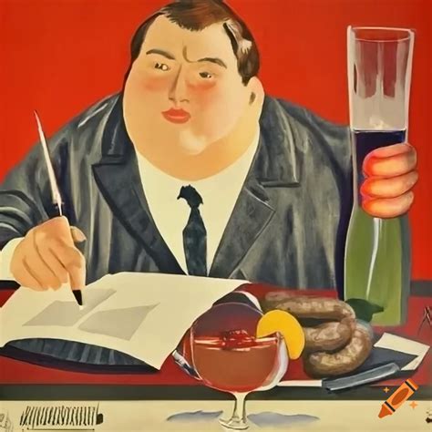 Vintage travel poster with a humorous bureaucrat at desk