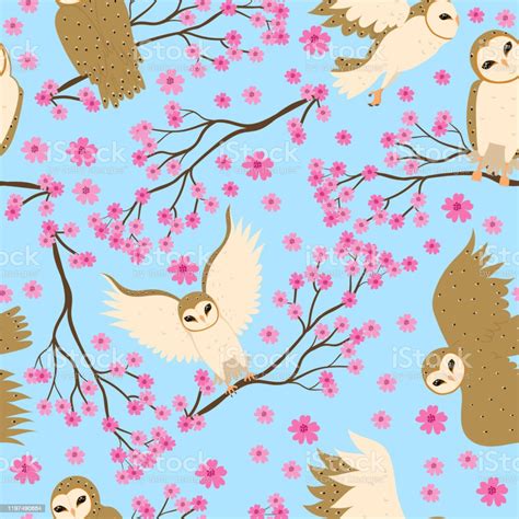 Seamless Pattern With Barn Owls And Sakura Vector Graphics Stock ...