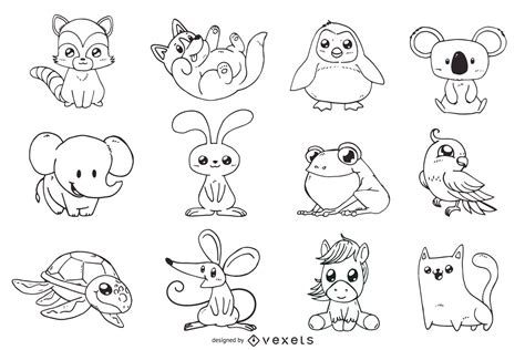 Cute Animals Outline Illustrations Set Vector Download