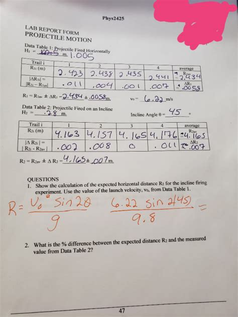 Phys2425 LAB REPORT FORM PROJECTILE MOTION Data Table 1: Projectile Fired Horizontally Hi m. L ...