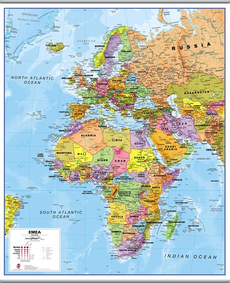 Europe Middle East Africa (EMEA) Political Map (Rolled Canvas with Hanging Bars)