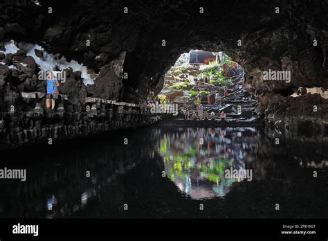 The cave with the pond with the white crabs in the Jameos del Agua, in the lava field of the ...