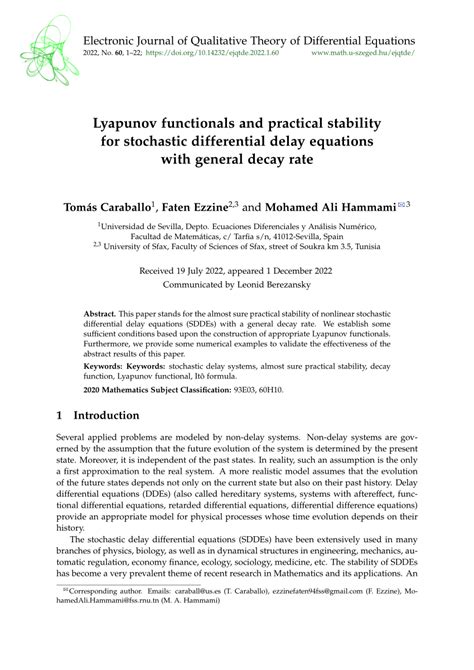 (PDF) Electronic Journal of Qualitative Theory of Differential Equations Lyapunov functionals ...