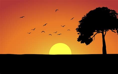 Premium Vector | Sunset landscape with river and mountain in silhouette