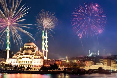 Premium Photo | Fireworks over a mosque and a mosque