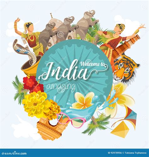 Indian Travel Colorful Template. Indian Set. Welcome To Amazing India. I Love India. Vector ...