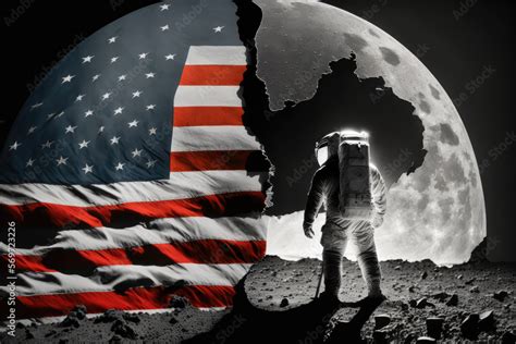 Astronaut's shadow cast by American flag on moon, stunning visual, generative ai Stock ...