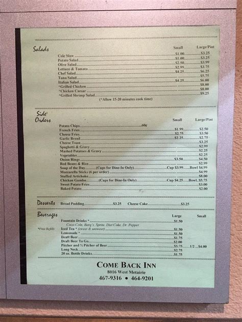 Menu at Come Back Inn restaurant, Metairie, W Metairie Ave