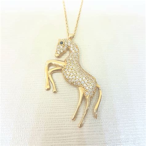 14K Real Solid Gold Horse Pendant Necklace Decorated with Zirconia Stones For Women | Latika Jewelry