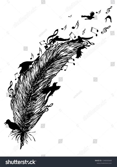 Flying birds and feather and music notes silhouette, tattoo design in black and white. Music ...