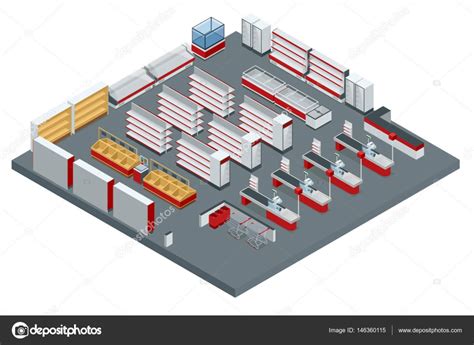 Vector isometric supermarket interior plan. Image includes store cross-section, furniture and ...