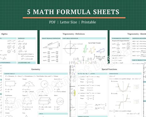 5 Math Formula Sheets, PDF Instant Download, Printable, Letter Size - Etsy