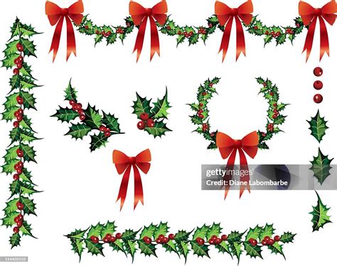 Multiple Holly Design Elements Clipart With Red Bows Vector ...