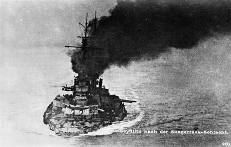 Critically damaged 11 in battlecruiser SMS Seydlitz making her way painfully to port after the ...