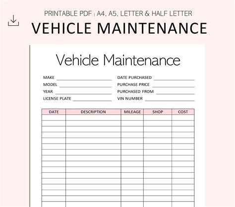 Vehicle Maintenance Log Vehicle Service Tracker Vehicle - Etsy UK