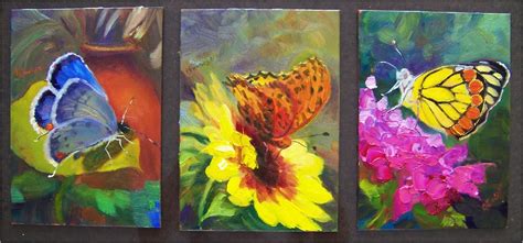 Paint Dance: "Three Butterflies", each painting measures 5x7, oil on board