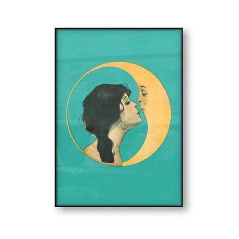 Vintage Girl Kissing Moon Canvas Art Print Man In The Moon Art Decor Antique Moon Face Wall Art ...