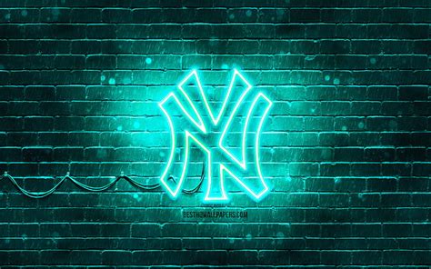 New York Yankees turquoise logo, , turquoise brickwall, New York Yankees logo, american baseball ...