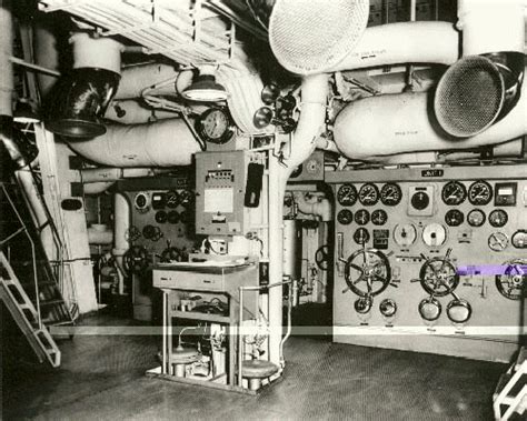 The control panel and steam valve wheels for one of the ship's two engine rooms. Then and now ...