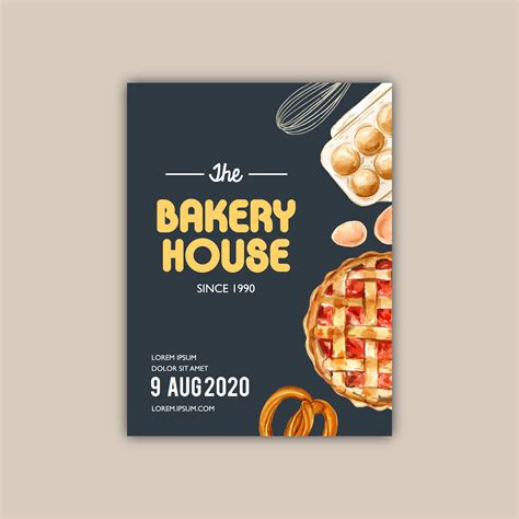 Bakery Poster template. Bread and bun collection. home made , creative watercolor vector ...