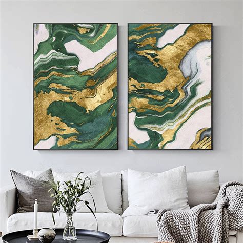 Emerald Green Gold Foil Set of 2 Modern Framed Wall Art, Original Abstract Minimalist Painting ...