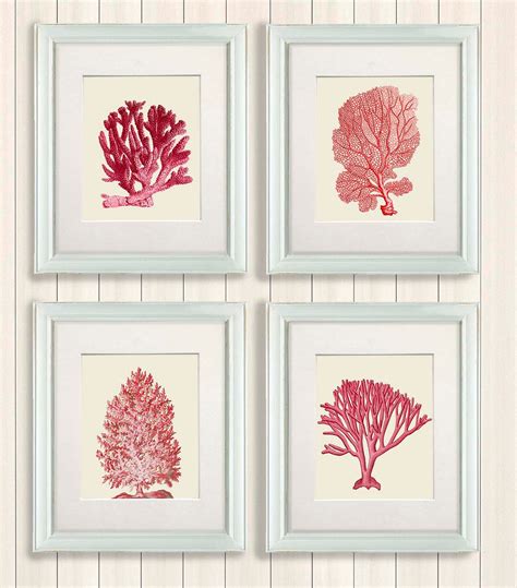 Coral print Set 4 Red Coral Art Prints Nautical Print coral