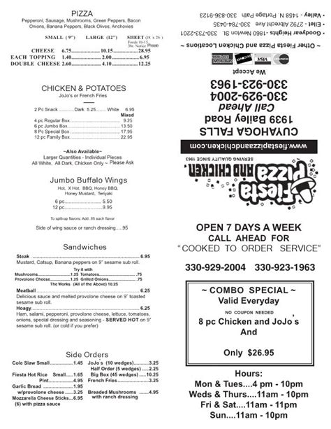 Fiesta Pizza And Chicken Bailey Rd printable menu