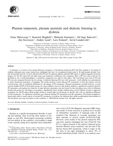 (PDF) Planum temporale, planum parietale and dichotic listening in dyslexia | Arvid Lundervold ...