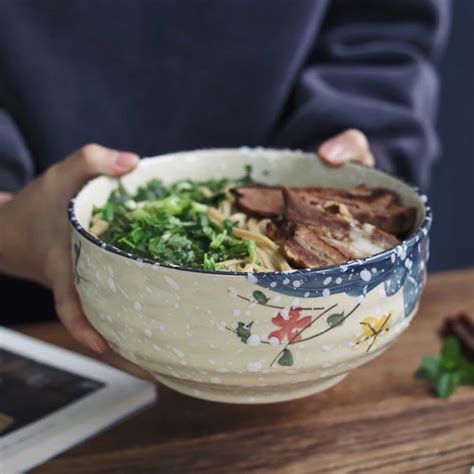 Hand painted underglaze color Japanese style wind ceramic large faced soup big bowl salad ...