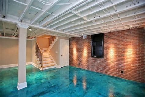 Basement Ideas : Basement Stained Concrete Floor With Water Illusion Paint Ideas Astonishing ...