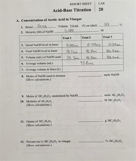 (Get Answer) - LAB REPORT SHEET Acid-Base Titration 20 50 % A ...