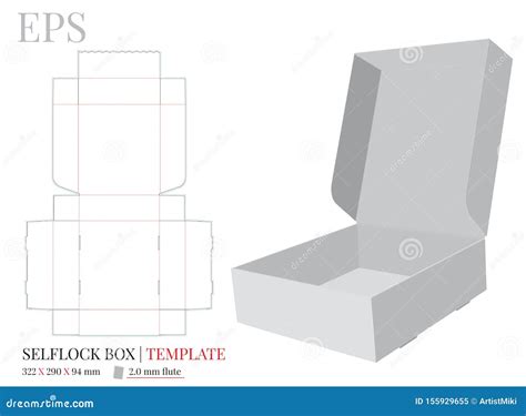 Corrugated Box Template, Vector with Die Cut / Laser Cut Lines. Self Lock Box, Cut and Fold ...