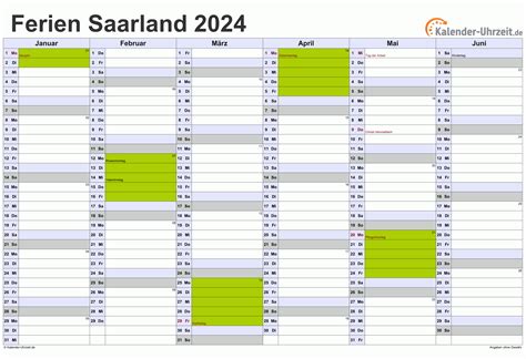 Ferien Saarland 2024 - Ferienkalender zum Ausdrucken