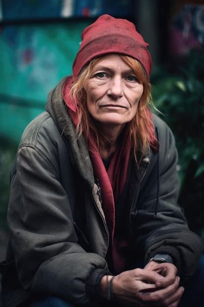 A portrait of a homeless woman sitting outside created with generative ...