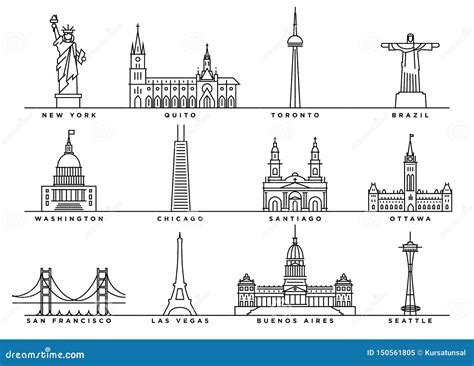 Famous Landmarks of America with Flat Line Style Editorial Image - Illustration of vector ...