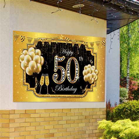 Buy Happy 50th Birthday Backdrop Banner, Extra Large Fabric Black Gold 50 Anniversary Sign ...