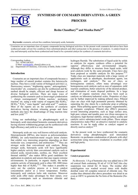 (PDF) SYNTHESIS OF COUMARIN DERIVATIVES: A GREEN PROCESS