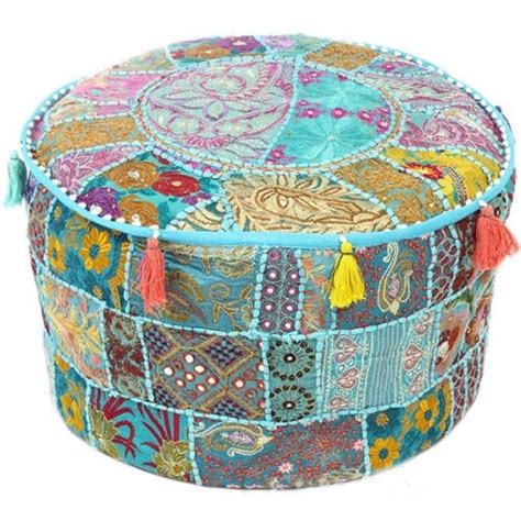 Teal blue Indian pouf ottoman round floor cushion sitting pouf yoga meditation round pouf ...