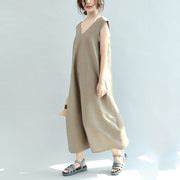 Original khaki casual linen dresses plus size v neck sundress sleeveless maxi dress